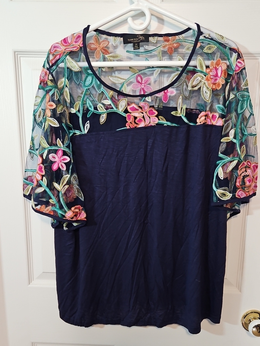Suzanne Betro Navy Top with Floral Mesh Yoke